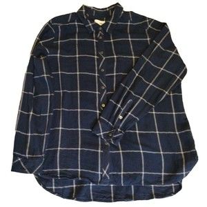 Lightweight Plaid Shirt Women Casual Button Down Classic Blue White Size L
